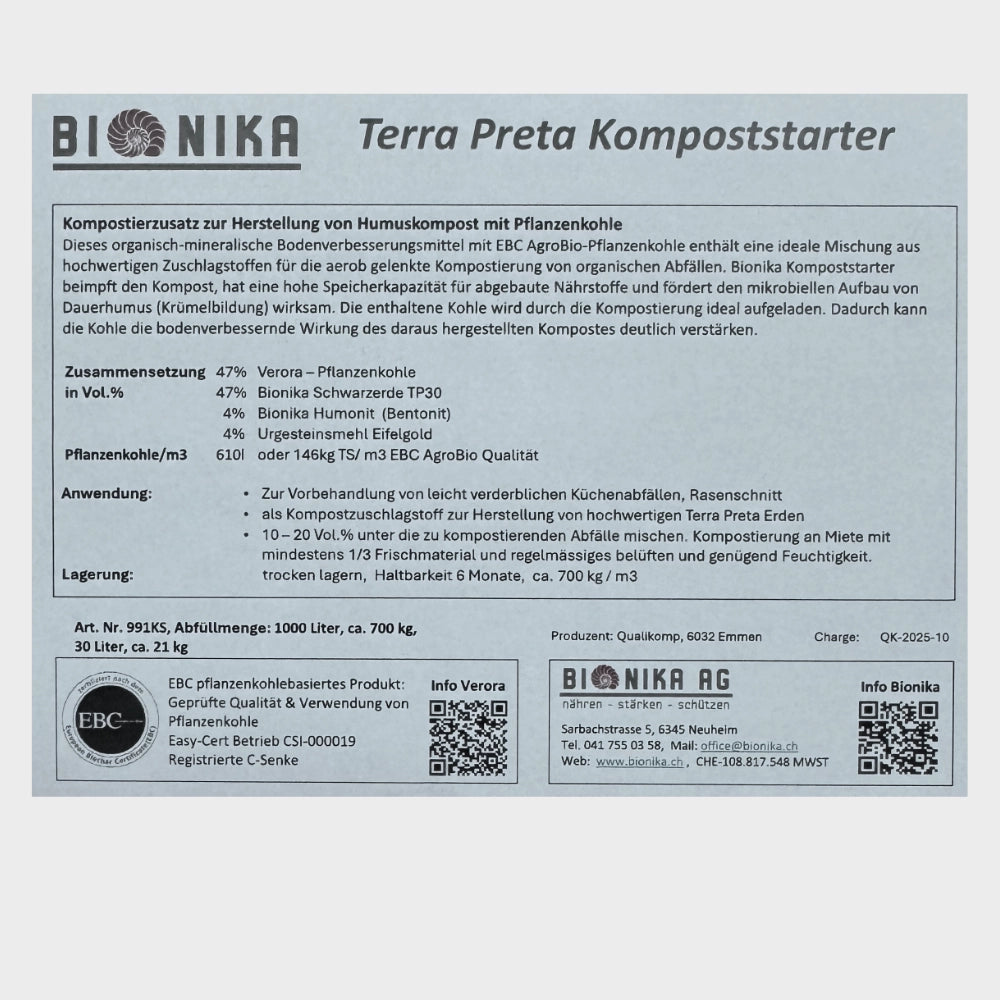 Etikette Kompoststarter mit Pflanzenkohle zur Herstellung von Terra Preta